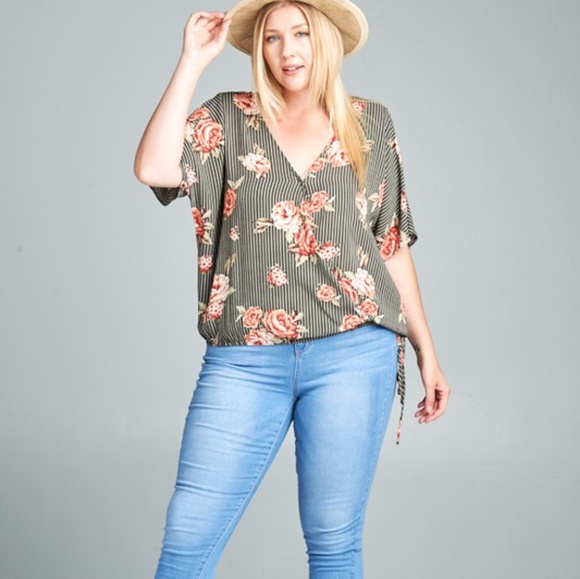 Olive Striped/Floral Surplice Blouse - Picture 3 of 4